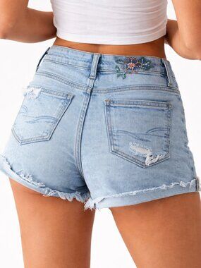 AMERICAN EAGLE Curvy Mom Denim Shorts Distressed Embroidered Blue Women's 8 x 3"